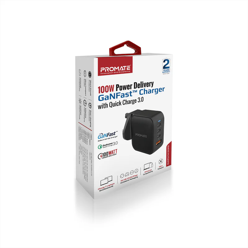 Promate GANPORT4-100PD 100W Power Delivery GaNFast™ Charger with Quick Charge 3.0 - Black Promate GANPORT4-100PD 100W Power Delivery GaNFast™ Charger with Quick Charge 3.0 - Black